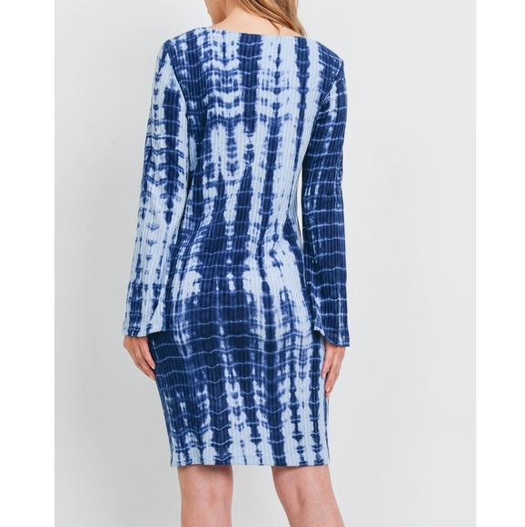 Boho Chic Tie-Dye Bell Cuff Shift Dress | Tassel Tie Neck | Blue Stripe Print - Picture 4 of 6